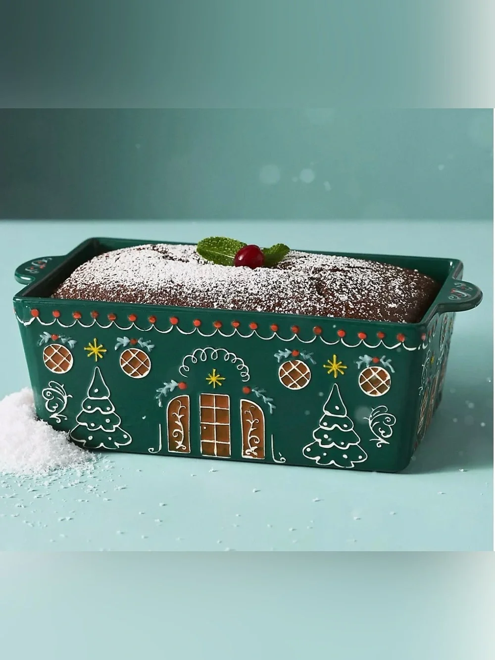 Anthropologie Ginger Loaf Pan - Holiday Gingerbread Ceramic in Green
